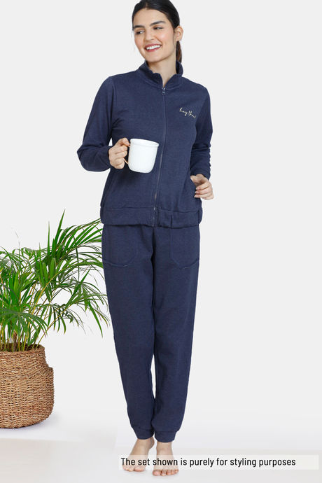 Zivame Fleece Marl Knit Cotton Hoodie With Soft Brushed Back - Crown Blue — image 4